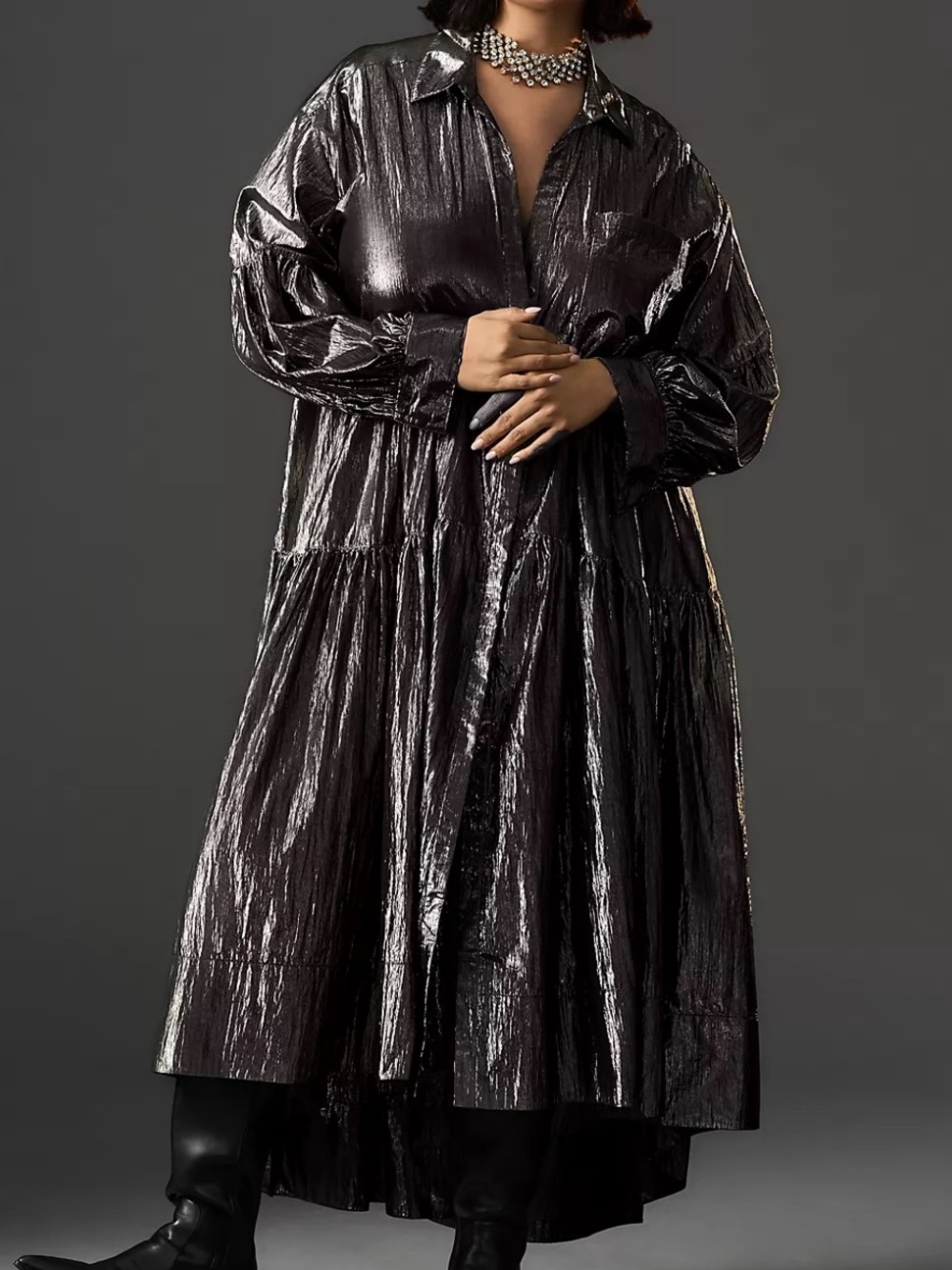 Pilcro Anthropologie Long-Sleeve V-Neck Metallic High-Low Dress Size 3X No Slip